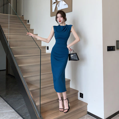 Stylish Navy Blue Sleeveless Round Neck Midi Dress Luxurious Ruched Waist Side Slit Office-Ready Long Dress AP1991