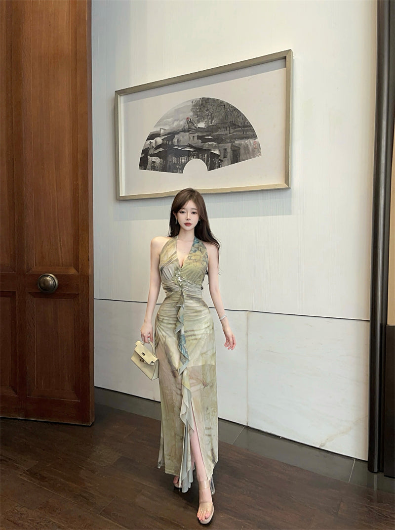 French Style Green Watercolor Print Open Back Maxi Dress Retro Deep V-Neck High Slit Ruched Halter Long Dress AP1992