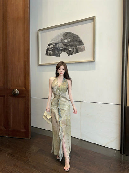 French Style Green Watercolor Print Open Back Maxi Dress Retro Deep V-Neck High Slit Ruched Halter Long Dress AP1992