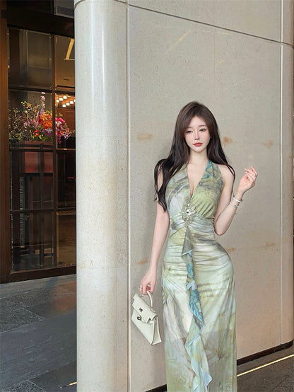 French Style Green Watercolor Print Open Back Maxi Dress Retro Deep V-Neck High Slit Ruched Halter Long Dress AP1992