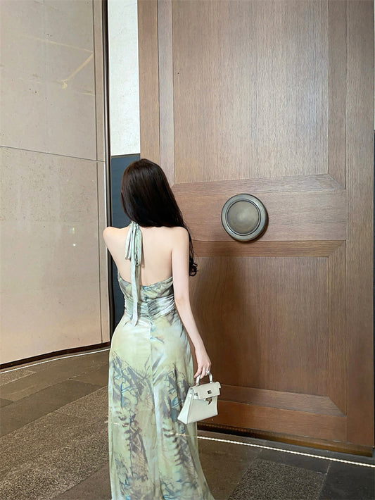 French Style Green Watercolor Print Open Back Maxi Dress Retro Deep V-Neck High Slit Ruched Halter Long Dress AP1992
