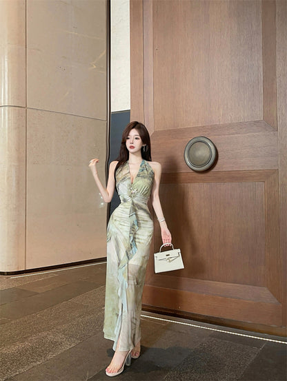 French Style Green Watercolor Print Open Back Maxi Dress Retro Deep V-Neck High Slit Ruched Halter Long Dress AP1992