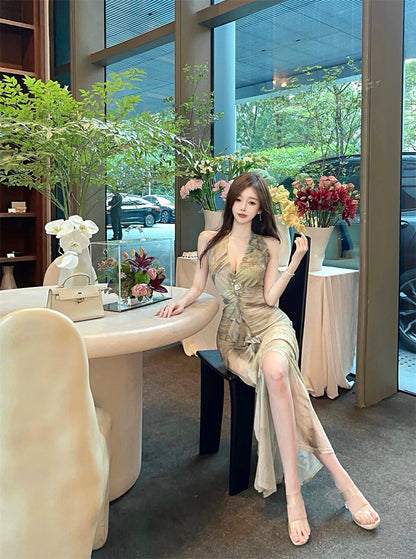 French Style Green Watercolor Print Open Back Maxi Dress Retro Deep V-Neck High Slit Ruched Halter Long Dress AP1992