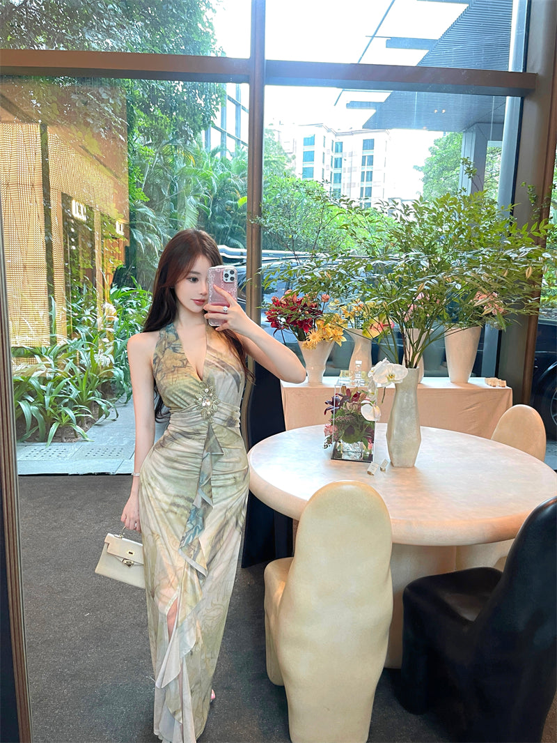 French Style Green Watercolor Print Open Back Maxi Dress Retro Deep V-Neck High Slit Ruched Halter Long Dress AP1992