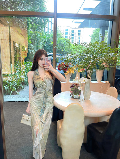 French Style Green Watercolor Print Open Back Maxi Dress Retro Deep V-Neck High Slit Ruched Halter Long Dress AP1992