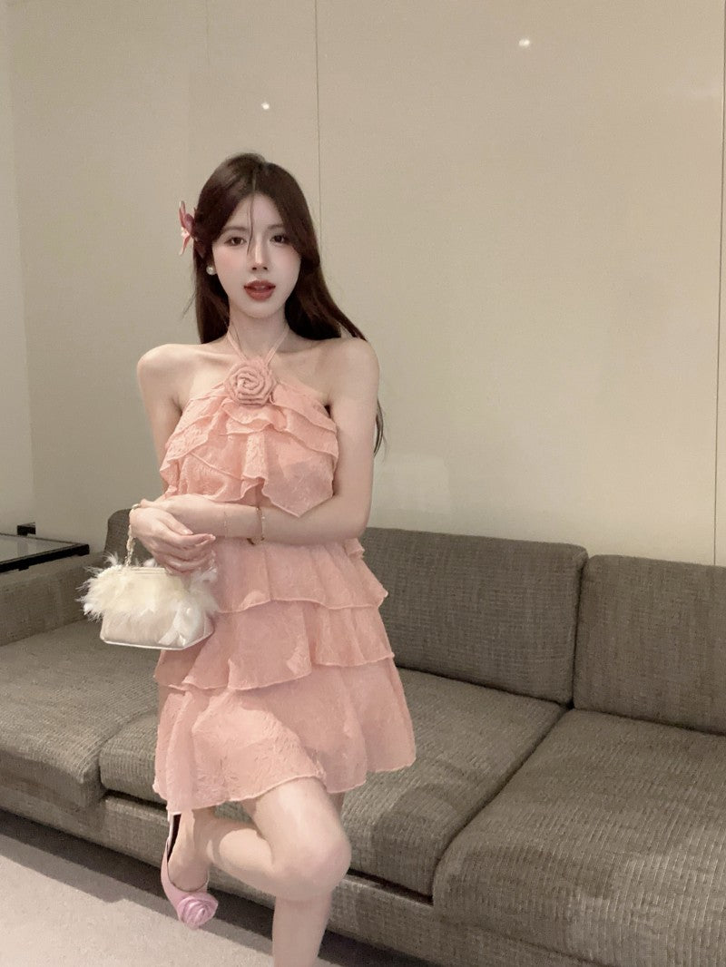 Hot Girls Summer Outfit Layered Ruffles Pink Tiered Mini Skirt Chic 3D Flower Accent Sleeveless Halter Short Dress AP1993