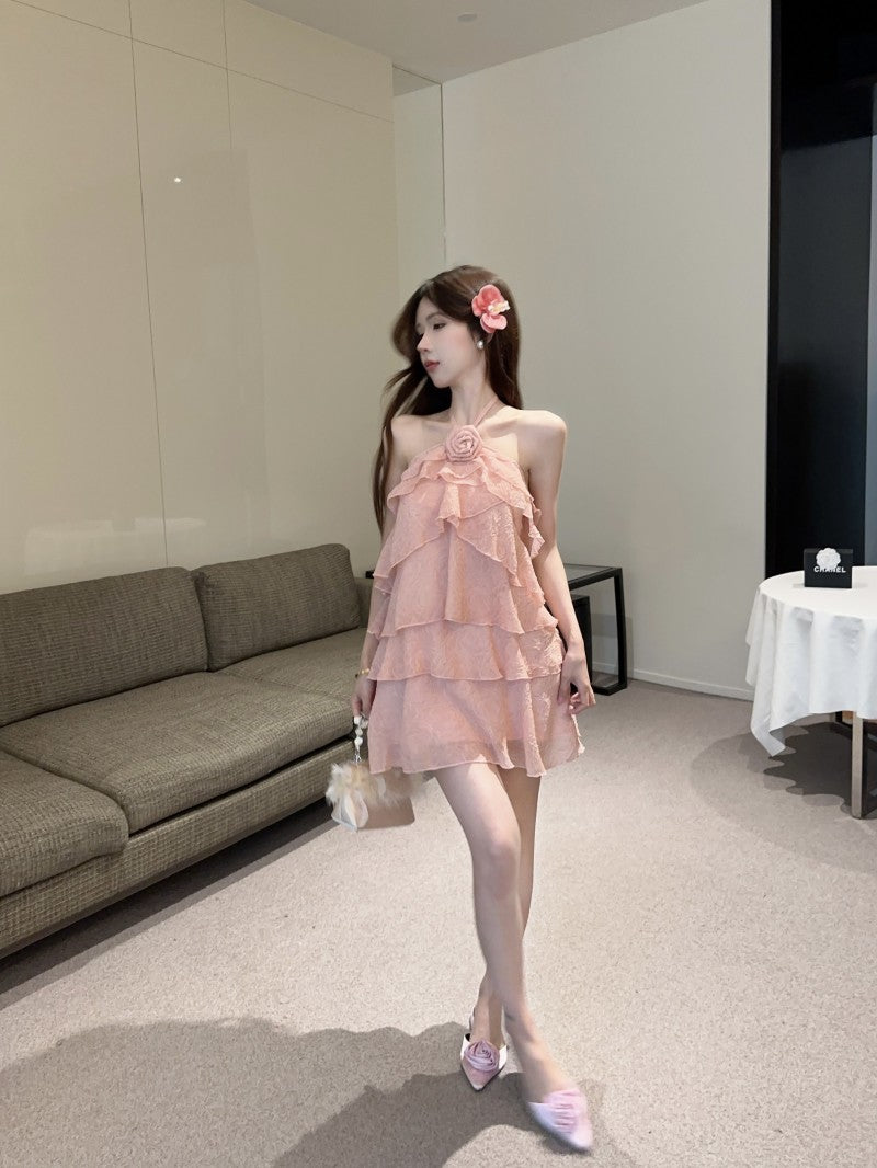 Hot Girls Summer Outfit Layered Ruffles Pink Tiered Mini Skirt Chic 3D Flower Accent Sleeveless Halter Short Dress AP1993