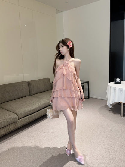 Hot Girls Summer Outfit Layered Ruffles Pink Tiered Mini Skirt Chic 3D Flower Accent Sleeveless Halter Short Dress AP1993