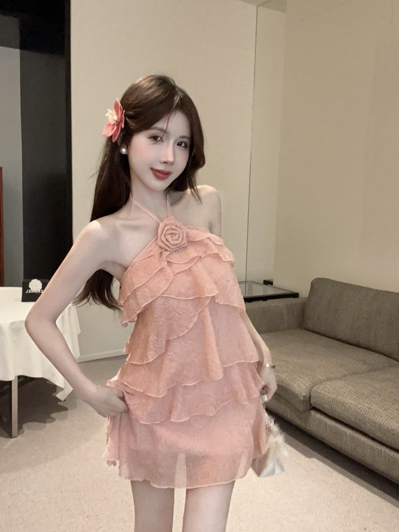 Hot Girls Summer Outfit Layered Ruffles Pink Tiered Mini Skirt Chic 3D Flower Accent Sleeveless Halter Short Dress AP1993
