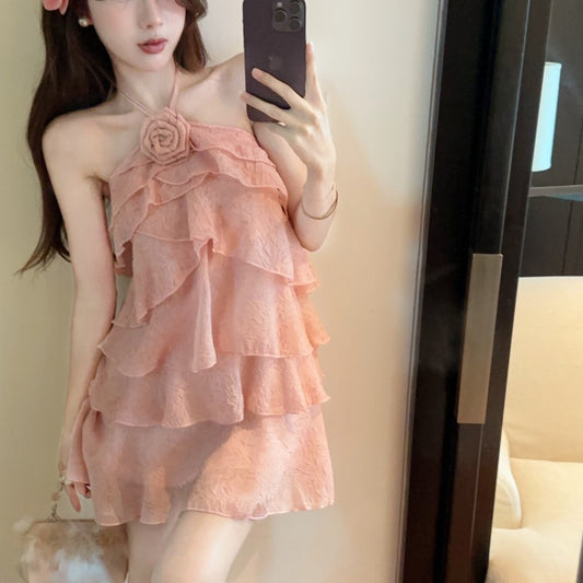 Hot Girls Summer Outfit Layered Ruffles Pink Tiered Mini Skirt Chic 3D Flower Accent Sleeveless Halter Short Dress AP1993