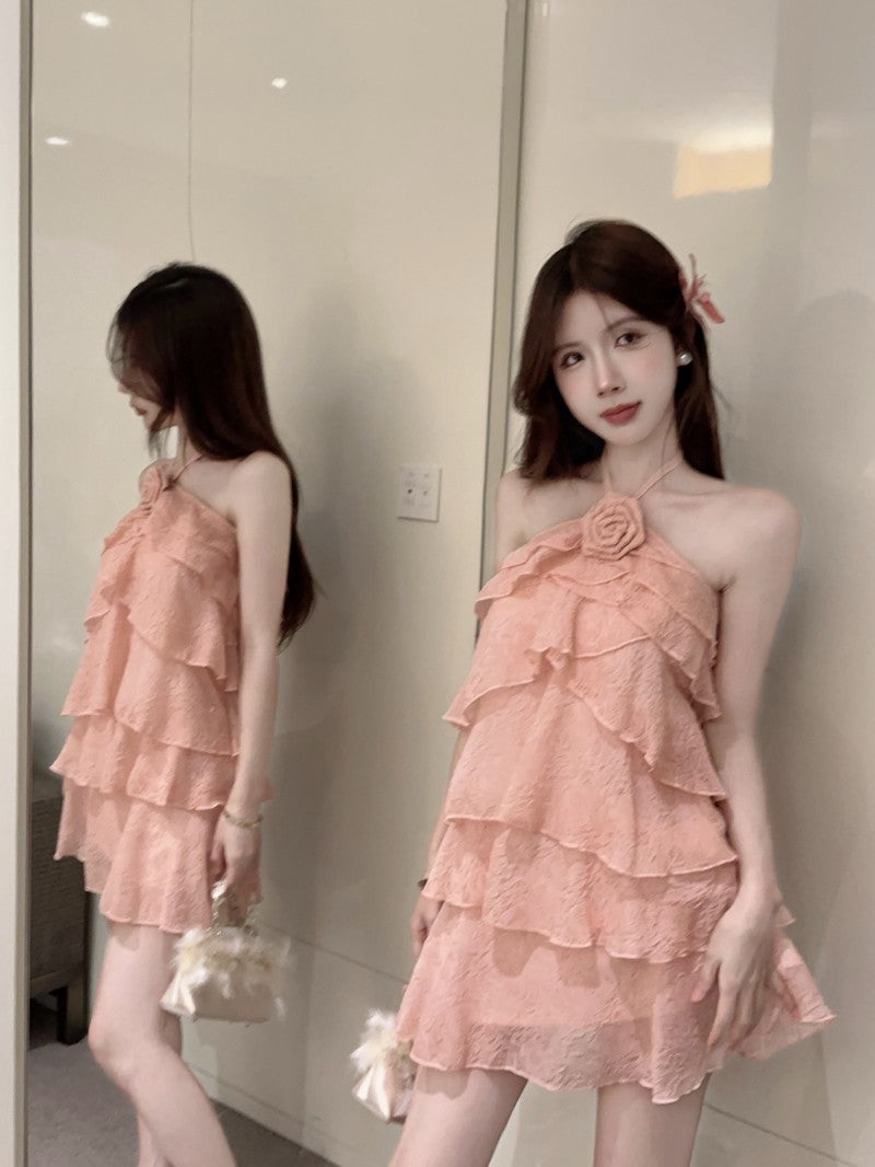 Hot Girls Summer Outfit Layered Ruffles Pink Tiered Mini Skirt Chic 3D Flower Accent Sleeveless Halter Short Dress AP1993