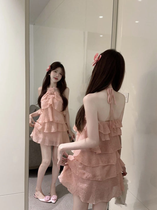 Hot Girls Summer Outfit Layered Ruffles Pink Tiered Mini Skirt Chic 3D Flower Accent Sleeveless Halter Short Dress AP1993