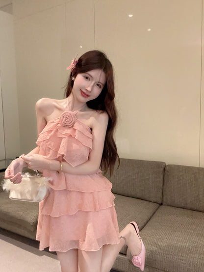 Hot Girls Summer Outfit Layered Ruffles Pink Tiered Mini Skirt Chic 3D Flower Accent Sleeveless Halter Short Dress AP1993