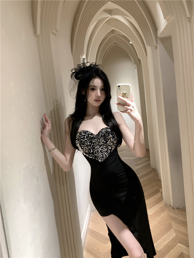 Exquisite Big Heart Design Sheen Sequins Accent Midi Dress Chic Black Sheath Hi-Lo Hem Strapless Long Dress AP1994
