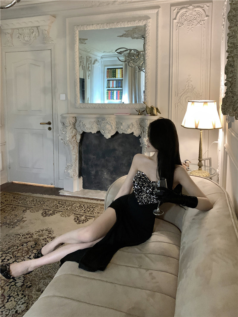 Exquisite Big Heart Design Sheen Sequins Accent Midi Dress Chic Black Sheath Hi-Lo Hem Strapless Long Dress AP1994