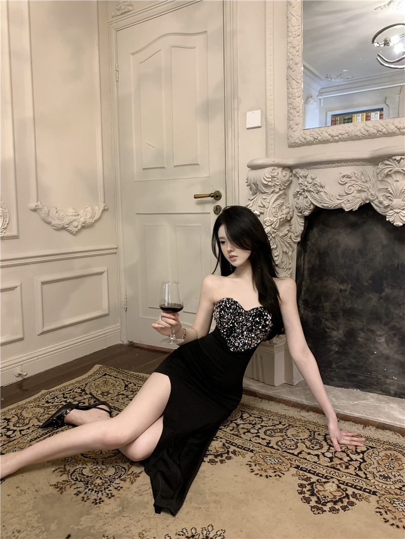 Exquisite Big Heart Design Sheen Sequins Accent Midi Dress Chic Black Sheath Hi-Lo Hem Strapless Long Dress AP1994