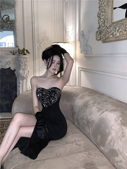 Exquisite Big Heart Design Sheen Sequins Accent Midi Dress Chic Black Sheath Hi-Lo Hem Strapless Long Dress AP1994