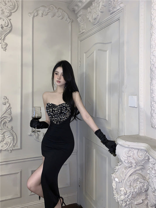 Exquisite Big Heart Design Sheen Sequins Accent Midi Dress Chic Black Sheath Hi-Lo Hem Strapless Long Dress AP1994