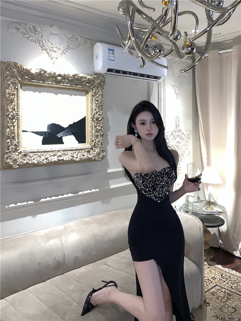 Exquisite Big Heart Design Sheen Sequins Accent Midi Dress Chic Black Sheath Hi-Lo Hem Strapless Long Dress AP1994