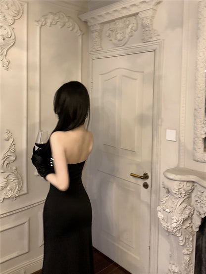 Exquisite Big Heart Design Sheen Sequins Accent Midi Dress Chic Black Sheath Hi-Lo Hem Strapless Long Dress AP1994