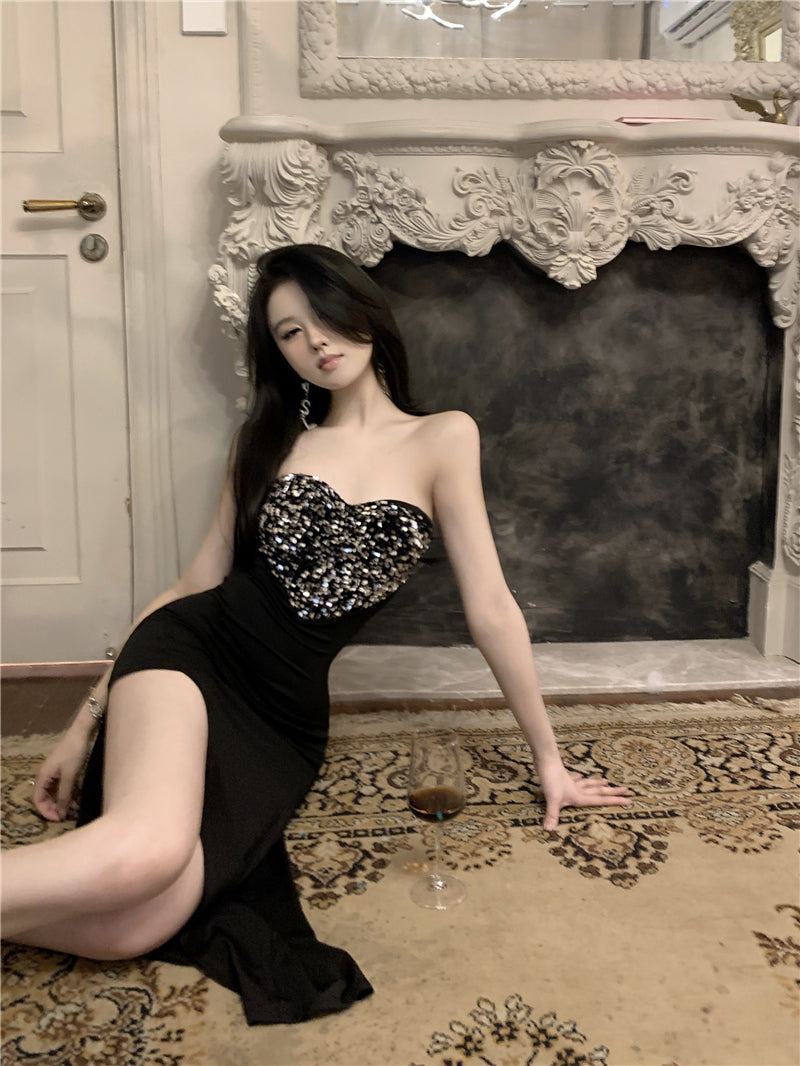 Exquisite Big Heart Design Sheen Sequins Accent Midi Dress Chic Black Sheath Hi-Lo Hem Strapless Long Dress AP1994