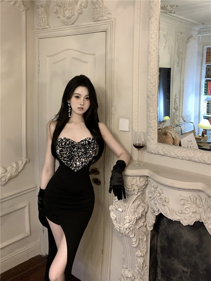 Exquisite Big Heart Design Sheen Sequins Accent Midi Dress Chic Black Sheath Hi-Lo Hem Strapless Long Dress AP1994
