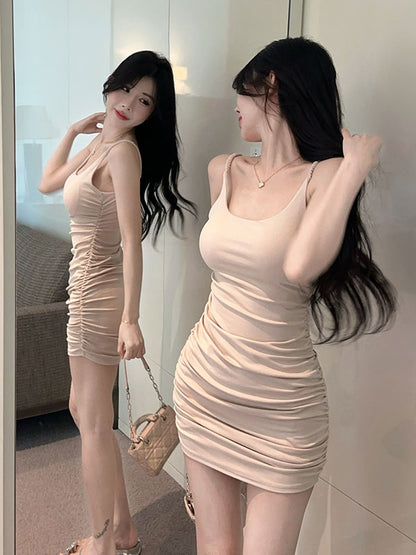 Vintage Beige Ruched Spaghetti Strap Mini Dress Everyday Wear Sheath Short Dress AP1995