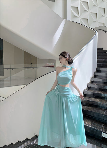 Elegant Mint Green One-Shoulder Cutout Waist Maxi Dress Stylish Flowy Chiffon Ruched Double Layers Long Dress AP1996
