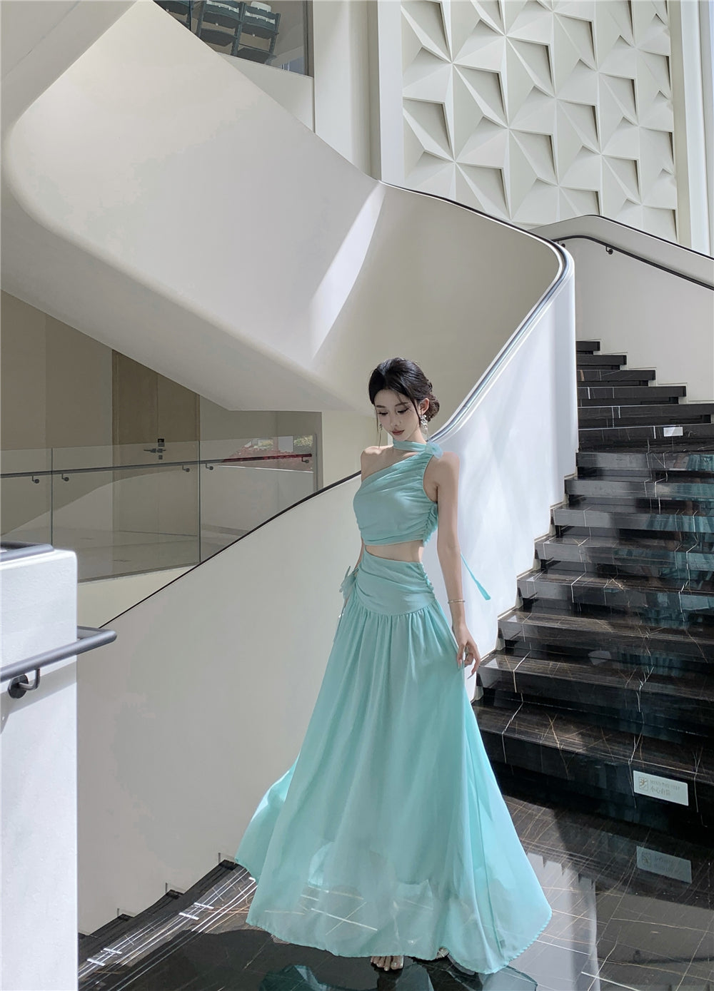 Elegant Mint Green One-Shoulder Cutout Waist Maxi Dress Stylish Flowy Chiffon Ruched Double Layers Long Dress AP1996