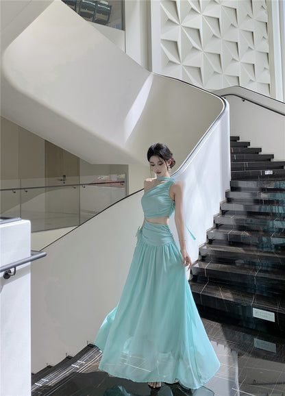Elegant Mint Green One-Shoulder Cutout Waist Maxi Dress Stylish Flowy Chiffon Ruched Double Layers Long Dress AP1996