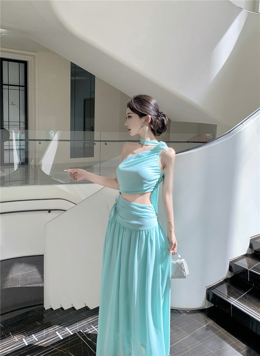 Elegant Mint Green One-Shoulder Cutout Waist Maxi Dress Stylish Flowy Chiffon Ruched Double Layers Long Dress AP1996