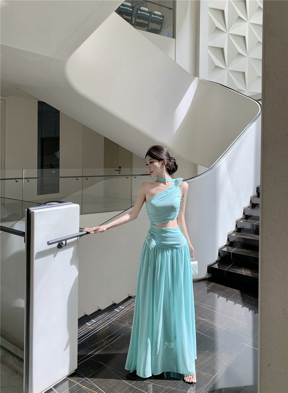 Elegant Mint Green One-Shoulder Cutout Waist Maxi Dress Stylish Flowy Chiffon Ruched Double Layers Long Dress AP1996