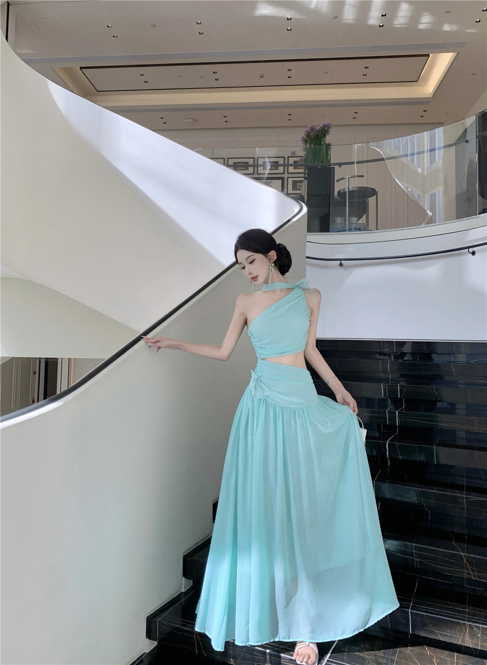Elegant Mint Green One-Shoulder Cutout Waist Maxi Dress Stylish Flowy Chiffon Ruched Double Layers Long Dress AP1996