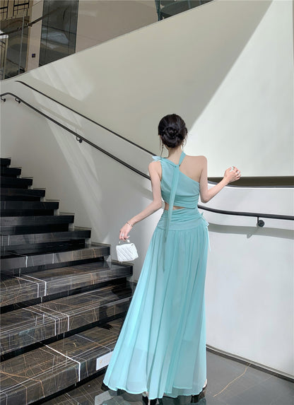 Elegant Mint Green One-Shoulder Cutout Waist Maxi Dress Stylish Flowy Chiffon Ruched Double Layers Long Dress AP1996