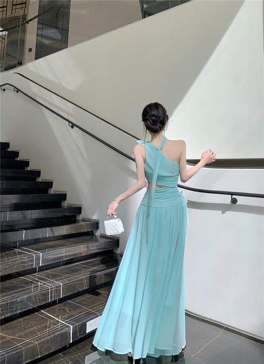 Elegant Mint Green One-Shoulder Cutout Waist Maxi Dress Stylish Flowy Chiffon Ruched Double Layers Long Dress AP1996