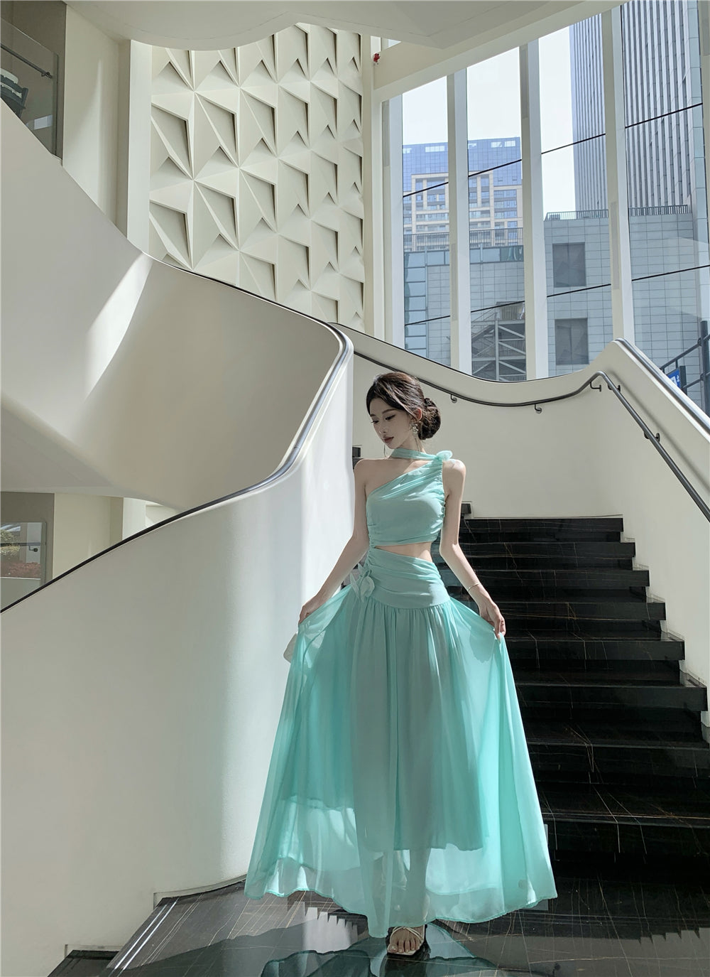 Elegant Mint Green One-Shoulder Cutout Waist Maxi Dress Stylish Flowy Chiffon Ruched Double Layers Long Dress AP1996