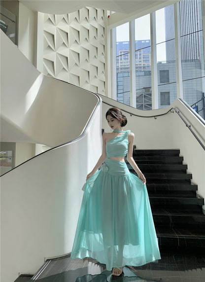 Elegant Mint Green One-Shoulder Cutout Waist Maxi Dress Stylish Flowy Chiffon Ruched Double Layers Long Dress AP1996