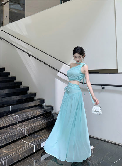 Elegant Mint Green One-Shoulder Cutout Waist Maxi Dress Stylish Flowy Chiffon Ruched Double Layers Long Dress AP1996