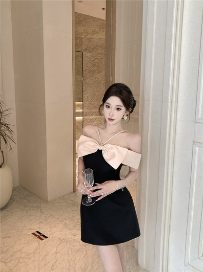Vogue Large Contrast Bow Rhinestone Straps Mini Skirt Sexy Evening Galas Off-Shoulder Sheath Short Dress AP1997