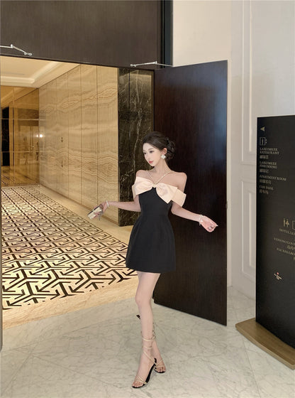 Vogue Large Contrast Bow Rhinestone Straps Mini Skirt Sexy Evening Galas Off-Shoulder Sheath Short Dress AP1997