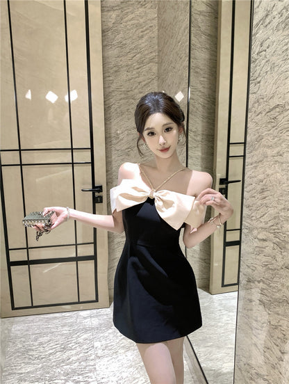 Vogue Large Contrast Bow Rhinestone Straps Mini Skirt Sexy Evening Galas Off-Shoulder Sheath Short Dress AP1997