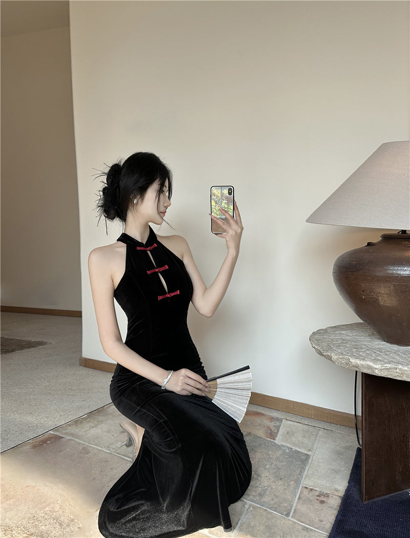 Vintage Style Black Velvet Red Frog Buttons Midi Dress Luxury Parties Sheath Mermaid Hem Long Dress AP1998