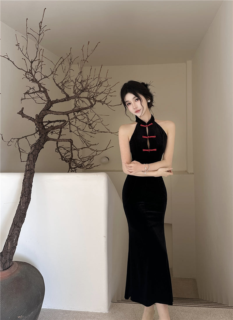 Vintage Style Black Velvet Red Frog Buttons Midi Dress Luxury Parties Sheath Mermaid Hem Long Dress AP1998