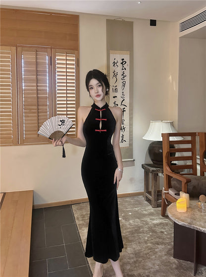 Vintage Style Black Velvet Red Frog Buttons Midi Dress Luxury Parties Sheath Mermaid Hem Long Dress AP1998