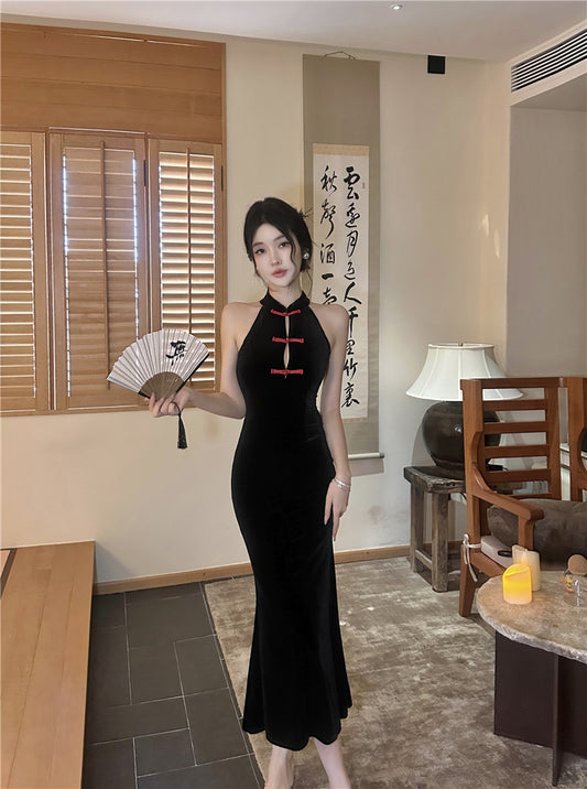 Vintage Style Black Velvet Red Frog Buttons Midi Dress Luxury Parties Sheath Mermaid Hem Long Dress AP1998