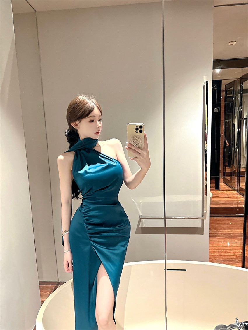 Unique Teal Satin High-Slit Backless Midi Skirt Chic One-Shoulder Long Scarf Tie Night Parties Halter Long Dress AP1999
