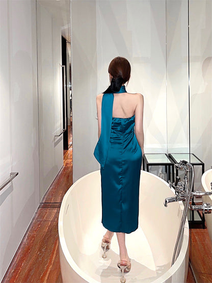 Unique Teal Satin High-Slit Backless Midi Skirt Chic One-Shoulder Long Scarf Tie Night Parties Halter Long Dress AP1999