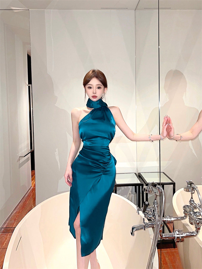 Unique Teal Satin High-Slit Backless Midi Skirt Chic One-Shoulder Long Scarf Tie Night Parties Halter Long Dress AP1999