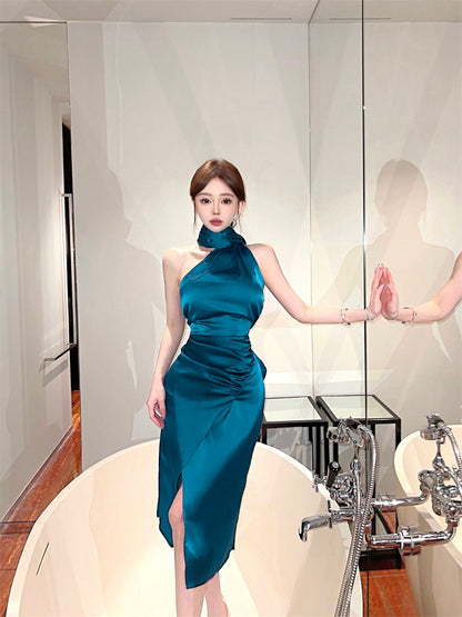 Unique Teal Satin High-Slit Backless Midi Skirt Chic One-Shoulder Long Scarf Tie Night Parties Halter Long Dress AP1999
