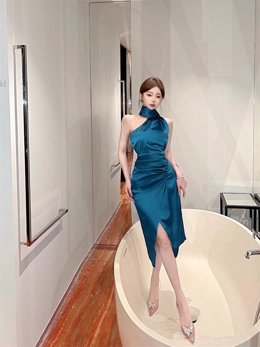 Unique Teal Satin High-Slit Backless Midi Skirt Chic One-Shoulder Long Scarf Tie Night Parties Halter Long Dress AP1999